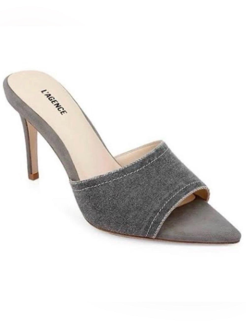 L'AGENCE Lolita Gray Denim Pointed-Toe Suede Mule Heel